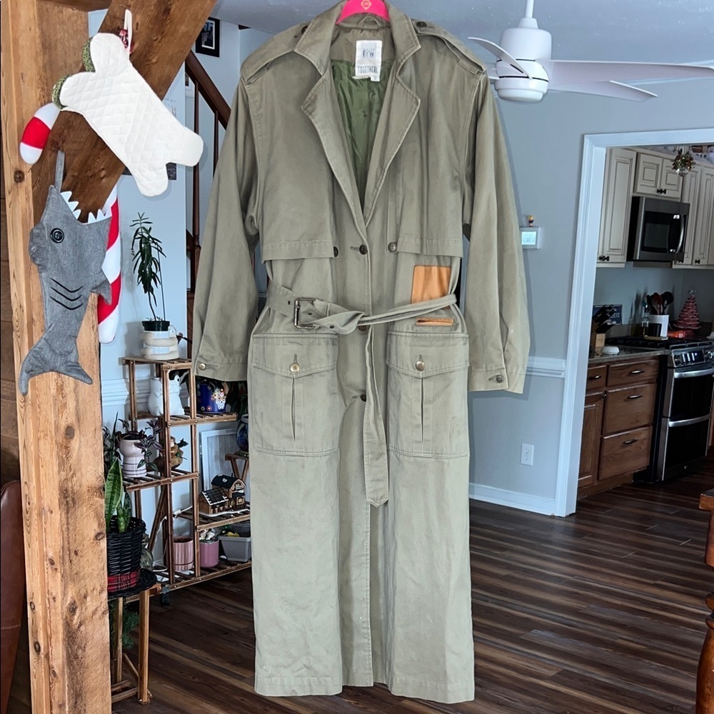 Vintage Together Khaki Green Size 10 Tall Trench Coat with Leather Accents